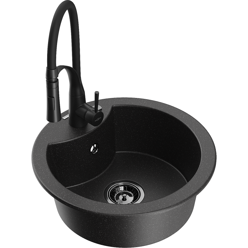 Mexen Diego 1-Bowl Granite Sink with Aster Kitchen Faucet, Black/Silver Metallic - 6512-73-73450-70-B