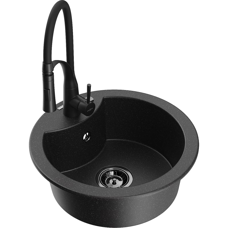 Mexen Diego granite kitchen sink single-bowl with Aster kitchen faucet, black/silver metallic - 6512-73-73450-70-B