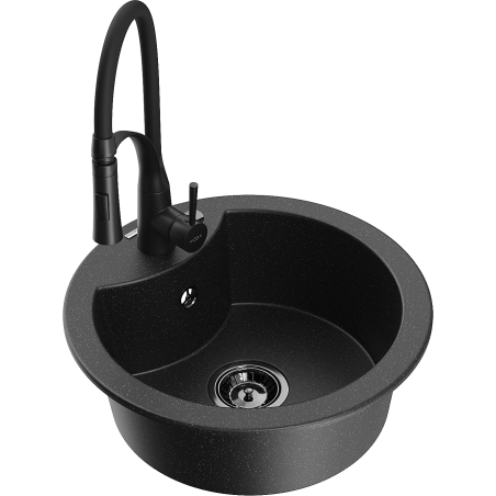 Mexen Diego granite kitchen sink single-bowl with Aster kitchen faucet, black/silver metallic - 6512-73-73450-70-B