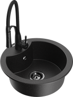 Mexen Diego granite sink 1-bowl with Aster kitchen tap, black/silver metallic - 6512-73-73450-70-B