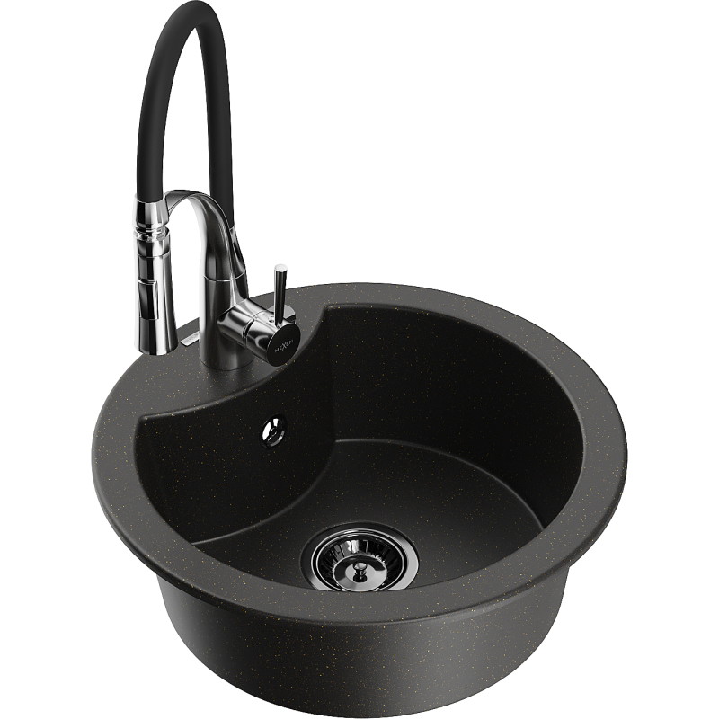 Mexen Diego 1-bowl granite sink with Aster kitchen faucet, black/gold metallic - 6512-75-73450-07-B