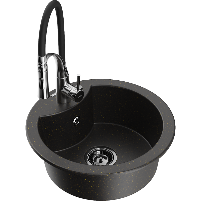 Mexen Diego 1-bowl granite sink with Aster kitchen tap, black/gold metallic - 6512-75-73450-07-B