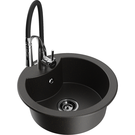 Mexen Diego 1-bowl granite sink with Aster kitchen faucet, black/gold metallic - 6512-75-73450-07-B