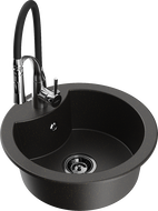 Mexen Diego 1-bowl granite sink with Aster kitchen faucet, black/gold metallic - 6512-75-73450-07-B