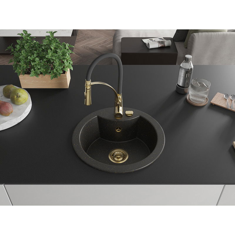 Mexen Diego granite kitchen sink 1-bowl with Aster kitchen tap, black/gold metallic - 6512-75-73450-57-G