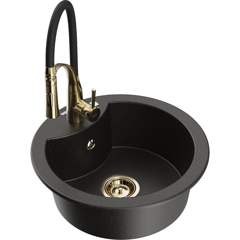 Mexen Diego granit sink 1-bowl with Aster kitchen faucet, black/gold metallic - 6512-75-73450-57-G