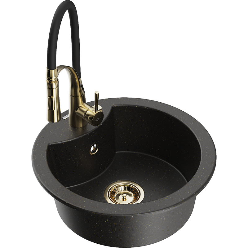 Mexen Diego granite kitchen sink 1-bowl with Aster kitchen tap, black/gold metallic - 6512-75-73450-57-G