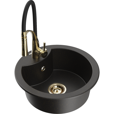 Mexen Diego granit sink 1-bowl with Aster kitchen faucet, black/gold metallic - 6512-75-73450-57-G