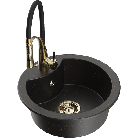 Mexen Diego granite kitchen sink 1-bowl with Aster kitchen tap, black/gold metallic - 6512-75-73450-57-G