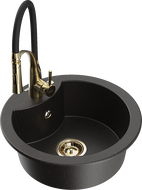 Mexen Diego granite kitchen sink 1-bowl with Aster kitchen tap, black/gold metallic - 6512-75-73450-57-G