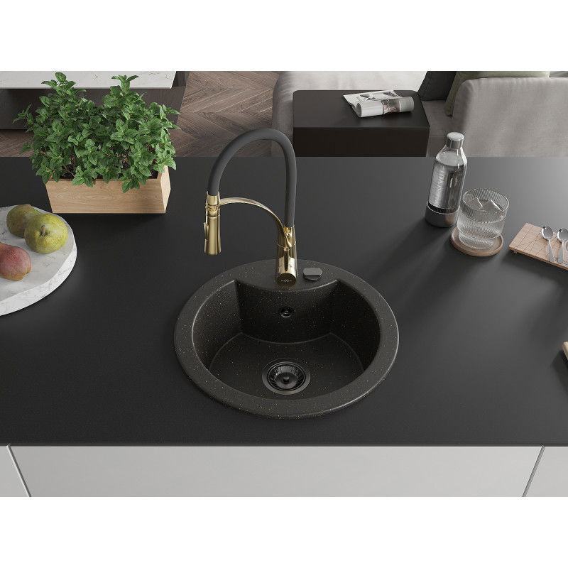 Mexen Diego granite sink single-bowl with Aster kitchen tap, black/gold metallic - 6512-75-73450-57-B