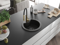 Mexen Diego 1-bowl granite sink with Aster kitchen faucet, black/gold metallic - 6512-75-73450-57-B