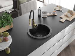 Mexen Diego granite sink single-bowl with Aster kitchen tap, black/gold metallic - 6512-75-73450-57-B