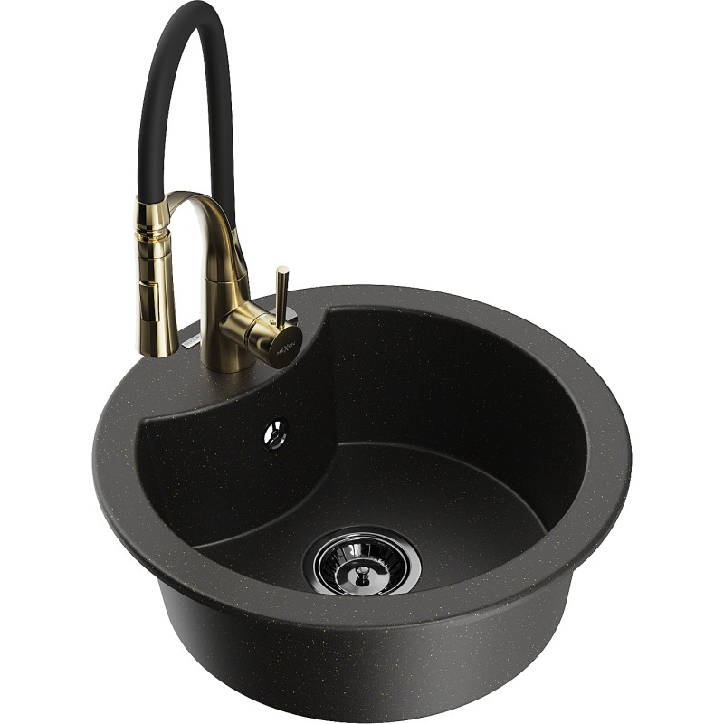 Mexen Diego 1-bowl granite kitchen sink with Aster faucet, black/gold metallic - 6512-75-73450-57-B