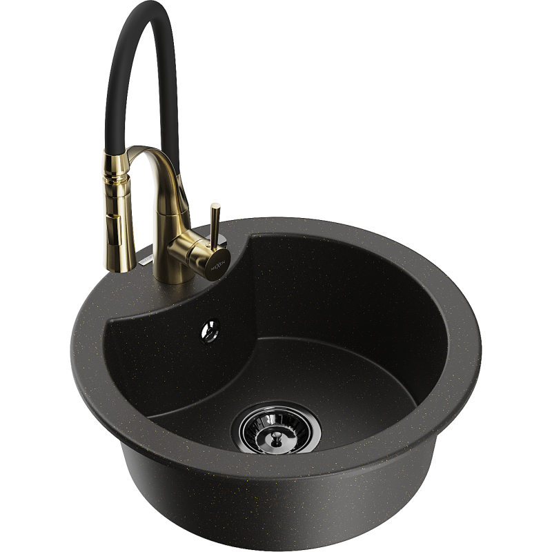 Mexen Diego granite sink single-bowl with Aster kitchen tap, black/gold metallic - 6512-75-73450-57-B
