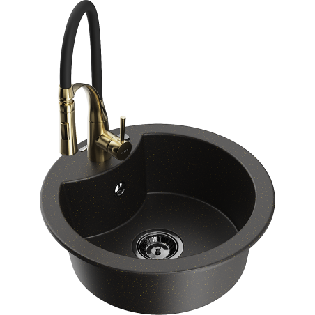 Mexen Diego 1-bowl granite kitchen sink with Aster faucet, black/gold metallic - 6512-75-73450-57-B