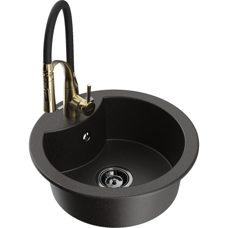 Mexen Diego 1-bowl granite sink with Aster kitchen faucet, black/gold metallic - 6512-75-73450-57-B