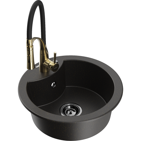 Mexen Diego granite sink single-bowl with Aster kitchen tap, black/gold metallic - 6512-75-73450-57-B