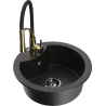 Mexen Diego granite sink single-bowl with Aster kitchen tap, black/gold metallic - 6512-75-73450-57-B