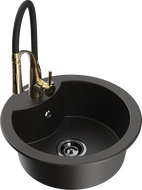 Mexen Diego 1-bowl granite sink with Aster kitchen faucet, black/gold metallic - 6512-75-73450-57-B