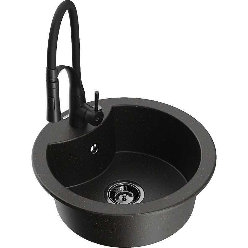 Mexen Diego granite kitchen sink 1-bowl with Aster kitchen faucet, black/gold metallic - 6512-75-73450-70-B