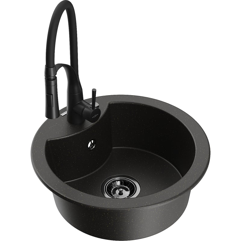 Mexen Diego granite single-bowl sink with kitchen faucet Aster, black/gold metallic - 6512-75-73450-70-B