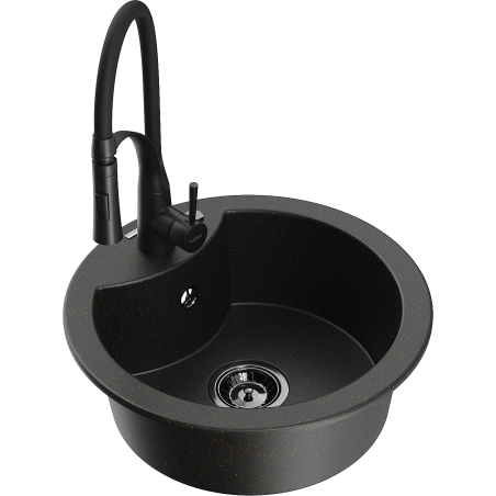 Mexen Diego granite kitchen sink 1-bowl with Aster kitchen faucet, black/gold metallic - 6512-75-73450-70-B