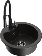 Mexen Diego granite kitchen sink 1-bowl with Aster kitchen faucet, black/gold metallic - 6512-75-73450-70-B