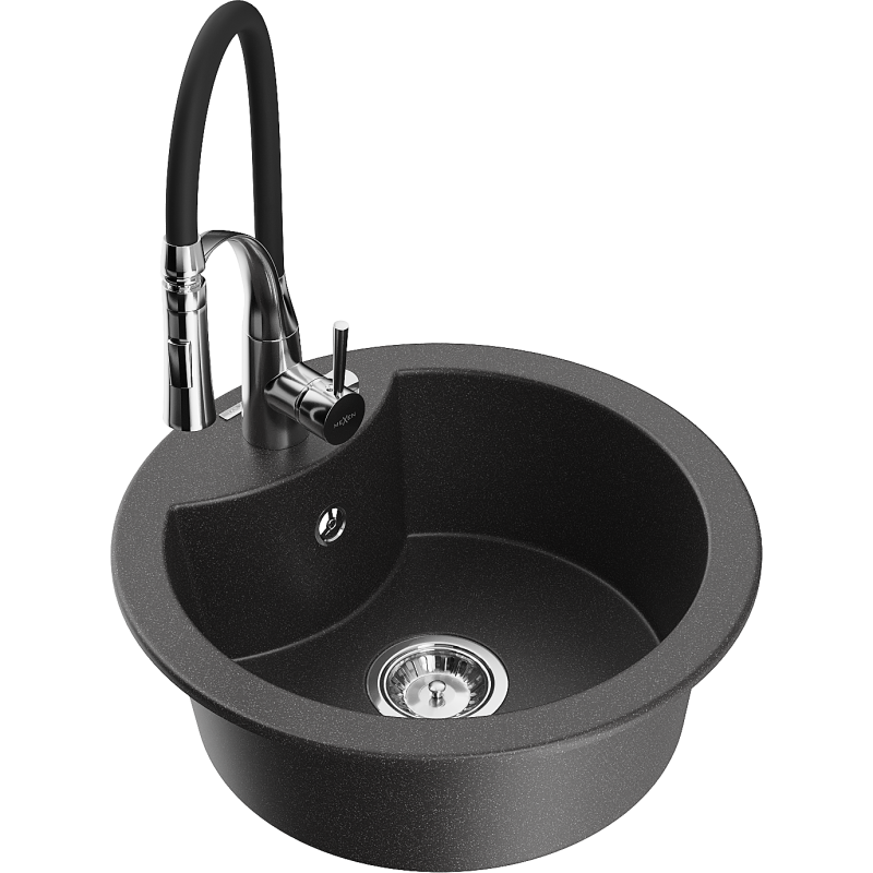 Mexen Diego granite sink 1-bowl with Aster kitchen tap, black speckled - 6512-76-73450-07