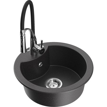 Mexen Diego granite kitchen sink single bowl with Aster kitchen faucet, black speckled - 6512-76-73450-07