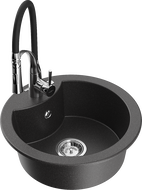 Mexen Diego granite kitchen sink single bowl with Aster kitchen faucet, black speckled - 6512-76-73450-07