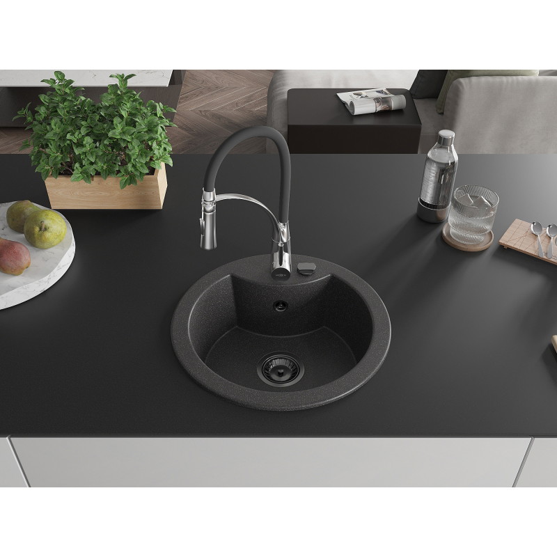 Mexen Diego 1-bowl granite sink with Aster kitchen faucet, black speckled - 6512-76-73450-07-B