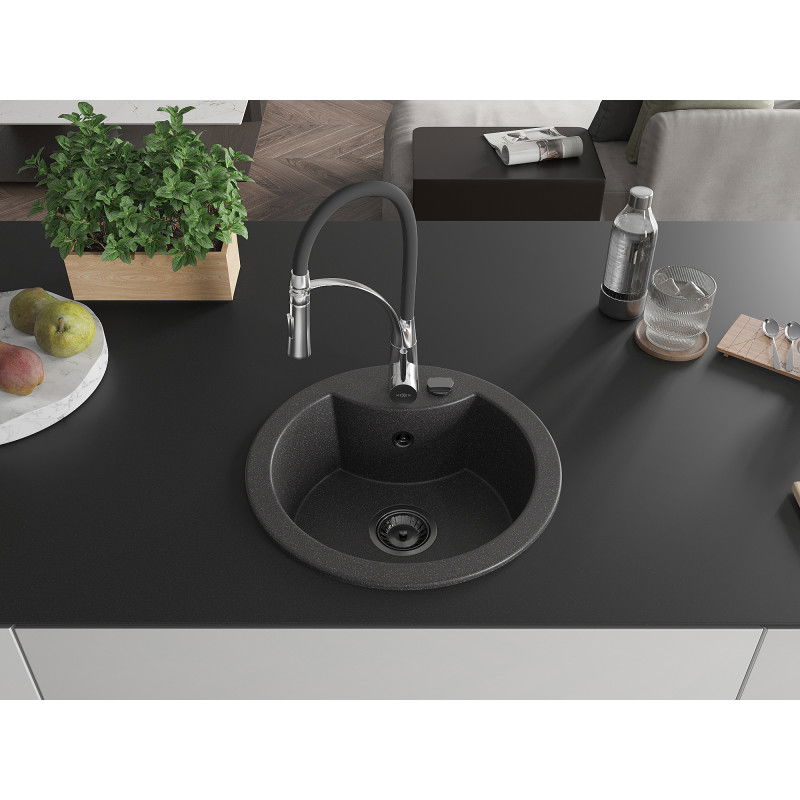 Mexen Diego 1-bowl granite sink with Aster kitchen tap, black speckled - 6512-76-73450-07-B