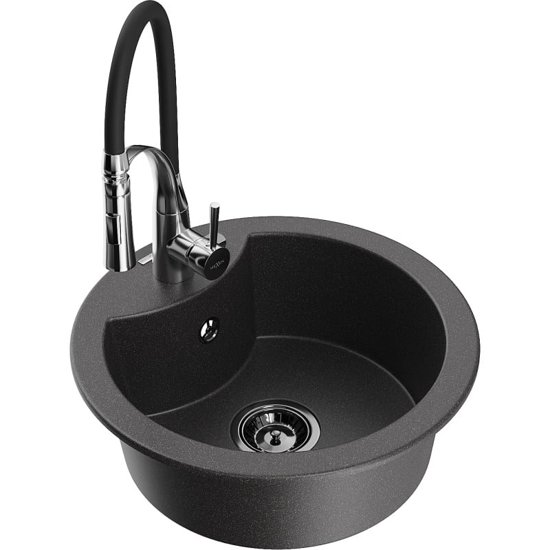Mexen Diego granite single-bowl sink with Aster kitchen faucet, black speckled - 6512-76-73450-07-B