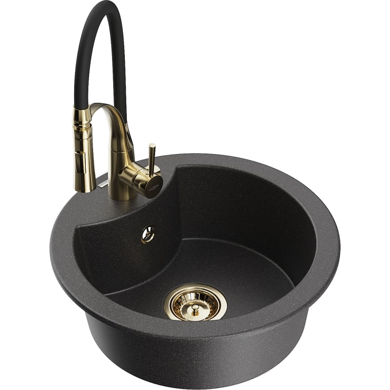 Mexen Diego granite sink 1-bowl with kitchen faucet Aster, black speckled - 6512-76-73450-57-G