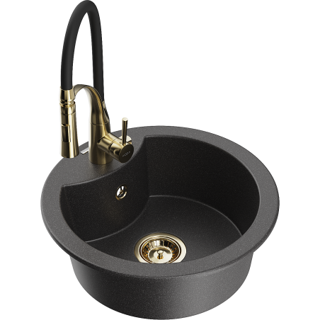 Mexen Diego granite kitchen sink 1-bowl with Aster kitchen faucet, black speckled - 6512-76-73450-57-G
