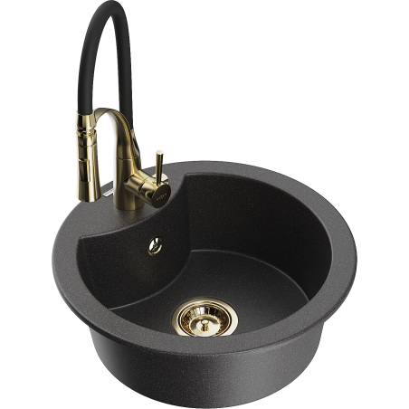 Mexen Diego granite sink 1-bowl with kitchen faucet Aster, black speckled - 6512-76-73450-57-G