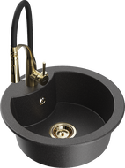 Mexen Diego granite kitchen sink 1-bowl with Aster kitchen faucet, black speckled - 6512-76-73450-57-G