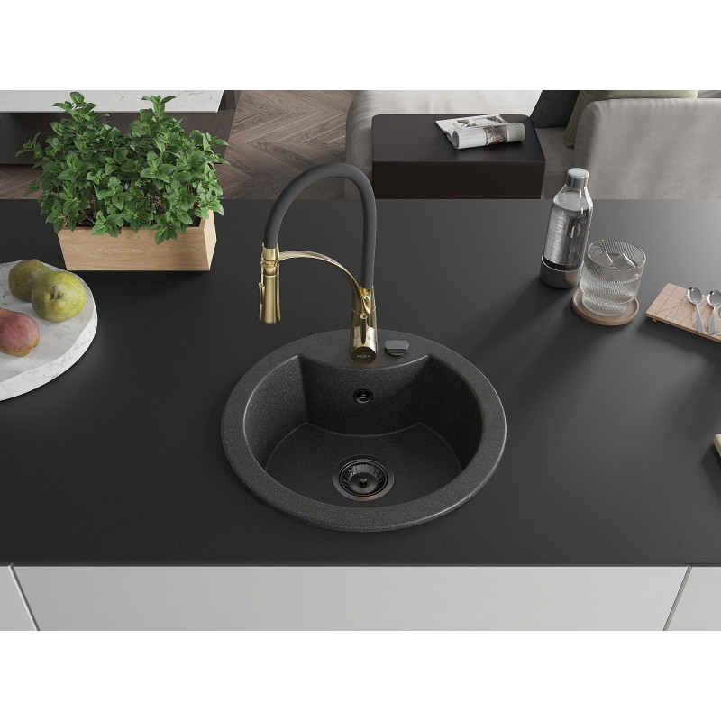 Mexen Diego granite kitchen sink 1-bowl with Aster kitchen faucet, black speckled - 6512-76-73450-57-B
