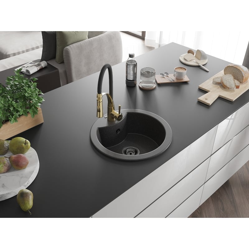Mexen Diego granite single-bowl sink with Aster kitchen faucet, speckled black - 6512-76-73450-57-B