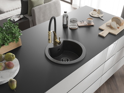Mexen Diego 1-compartment granite sink with a kitchen mixer tap Aster, spotted black - 6512-76-73450-57-B