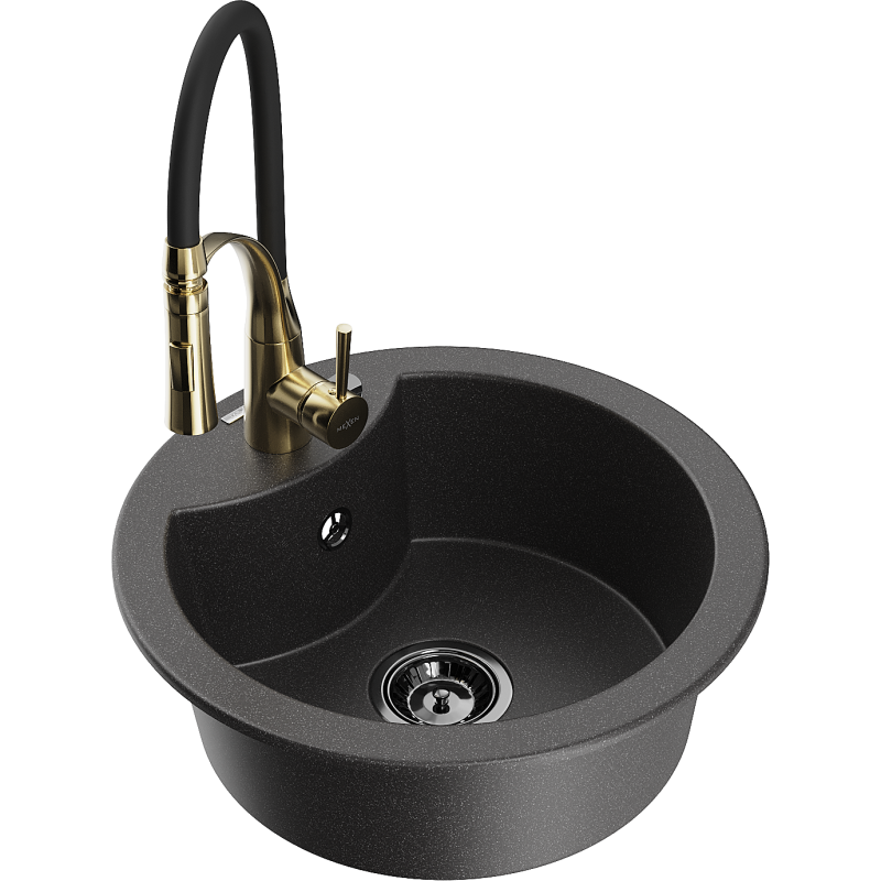 Mexen Diego 1-bowl granite sink with Aster kitchen tap, black speckled - 6512-76-73450-57-B