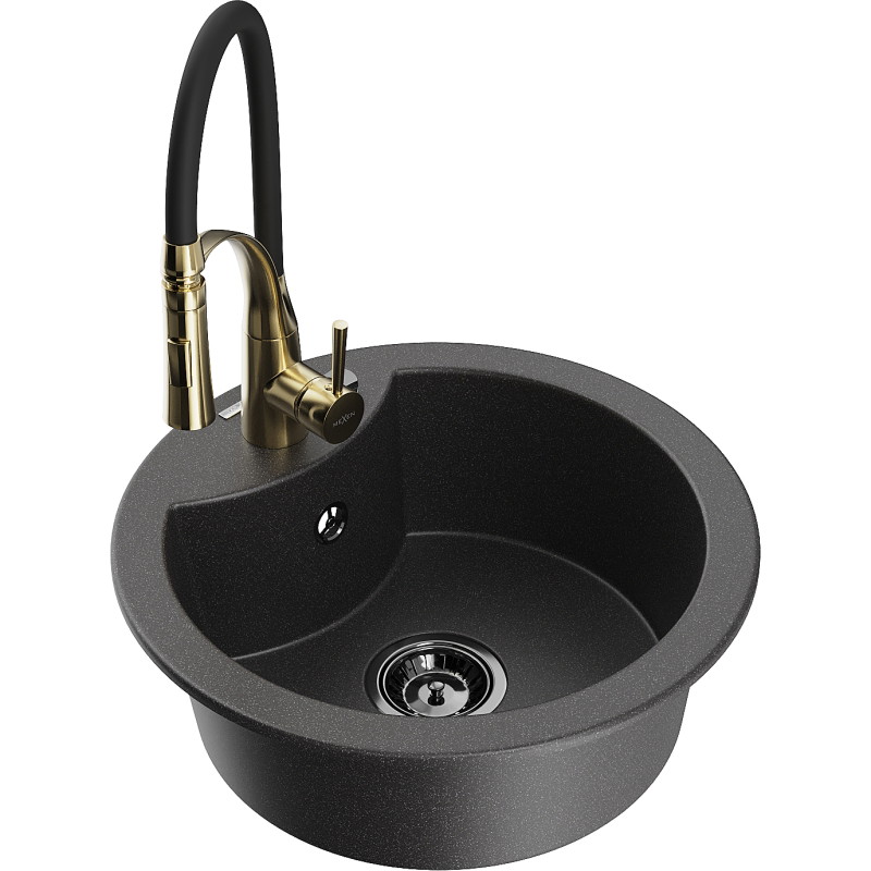 Mexen Diego granite kitchen sink 1-bowl with Aster kitchen faucet, black speckled - 6512-76-73450-57-B
