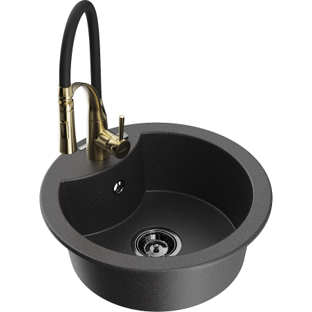 Mexen Diego granite kitchen sink 1-bowl with Aster kitchen faucet, black speckled - 6512-76-73450-57-B