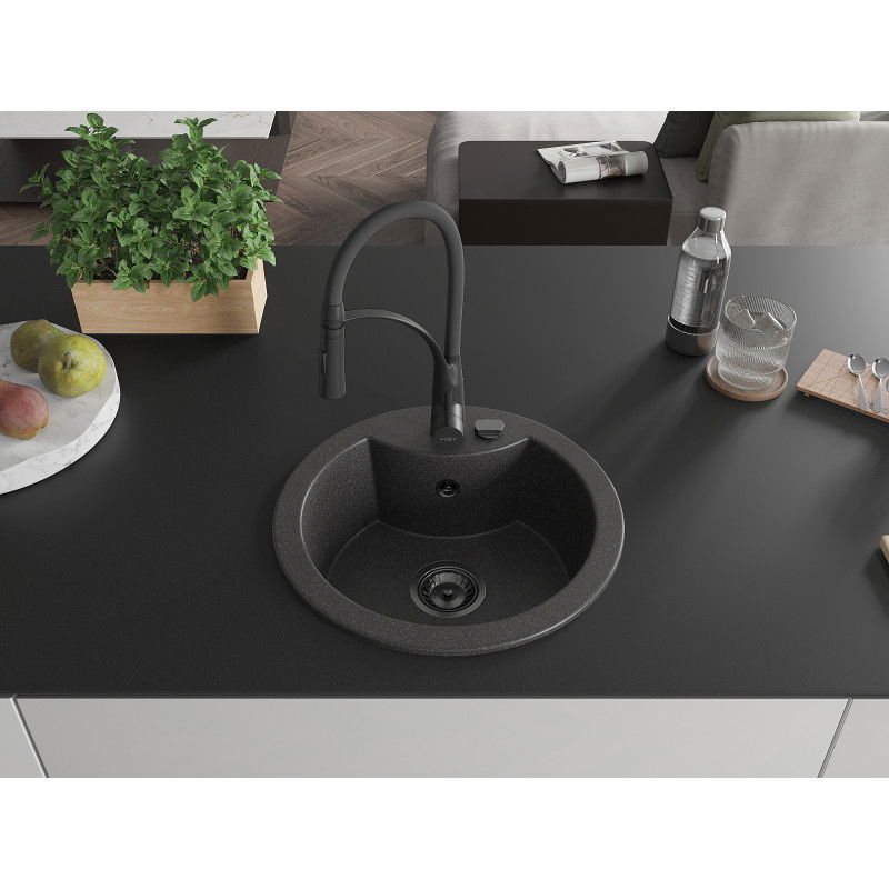 Mexen Diego 1-bowl Granite Sink with Aster Kitchen Tap, Black Speckled - 6512-76-73450-70-B