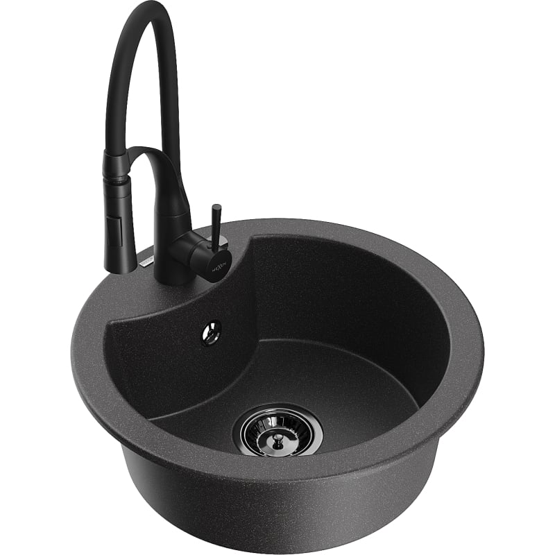 Mexen Diego 1-bowl granite sink with Aster kitchen faucet, black speckled - 6512-76-73450-70-B
