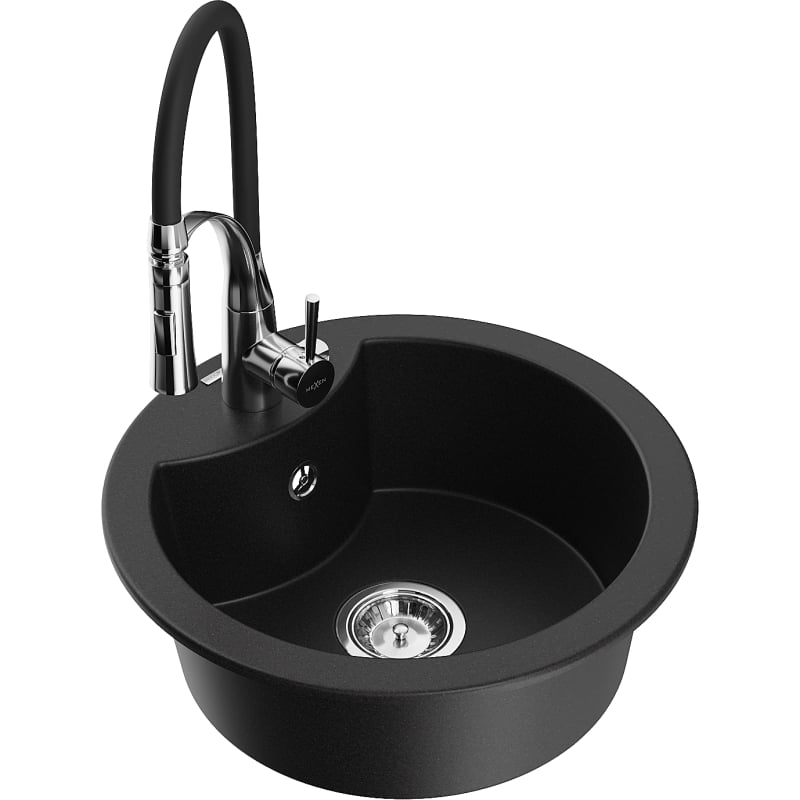 Mexen Diego granite kitchen sink 1-bowl with Aster kitchen faucet, black - 6512-77-73450-07