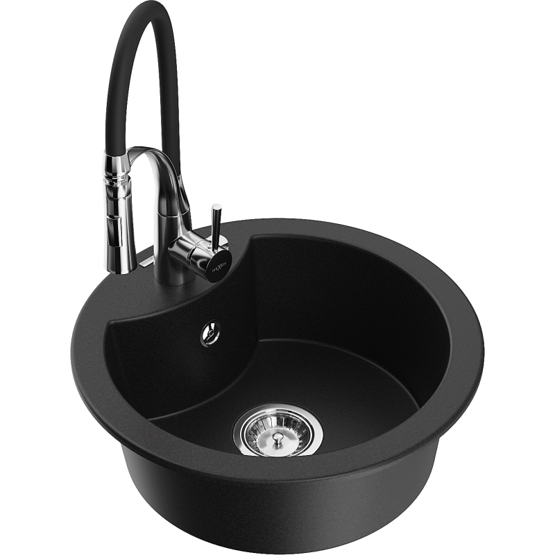 Mexen Diego granite sink 1-bowl with Aster kitchen tap, black - 6512-77-73450-07