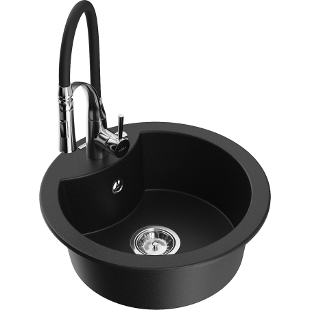 Mexen Diego granite kitchen sink 1-bowl with Aster kitchen faucet, black - 6512-77-73450-07