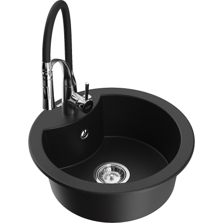Mexen Diego granite sink 1-bowl with Aster kitchen tap, black - 6512-77-73450-07